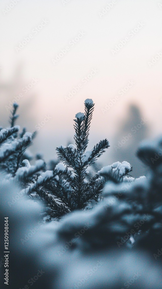Poster snow delicately blankets pine branches, creating a serene winter scene. soft focus in the background
