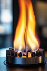 Close-up of a stove with flames burning, often used in cooking scenes or as a decorative element
