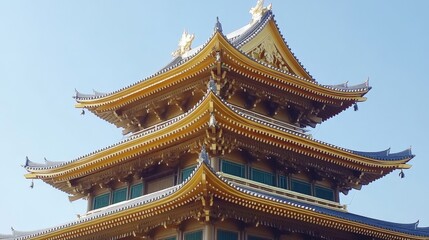 Naklejka premium Golden Buddhist Temple, traditional Japanese architecture with ornate details and a gold leaf roof.