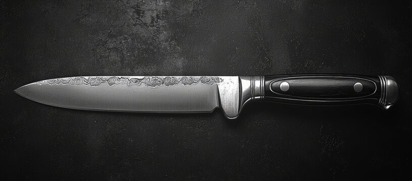Sharp knife on dark surface, rustic background.  Culinary tool image