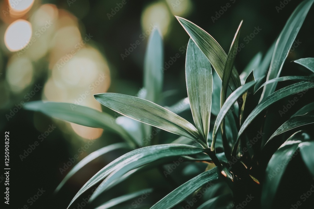 Poster vibrant green leaves bask in soft sunlight, creating a serene natural scene with a blurred bokeh eff