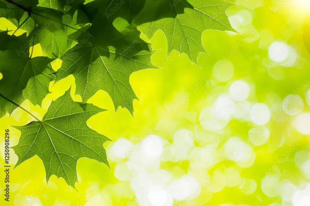 Poster sunlight filters through vibrant green maple leaves, creating a stunning bokeh effect in the backgro