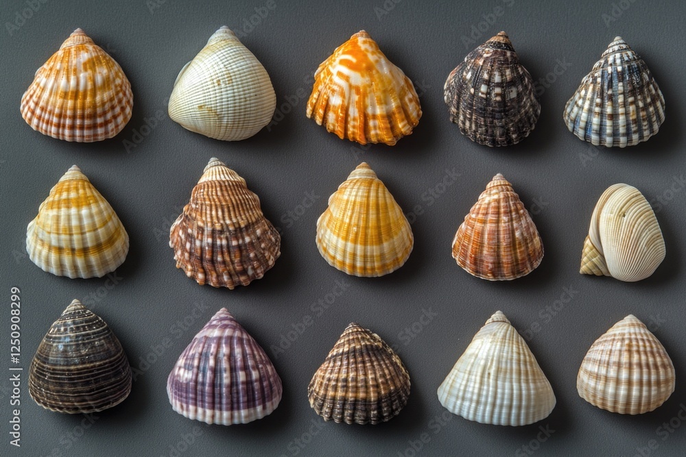 Poster a table filled with various types of shells including clams, mussels, scallops, and more