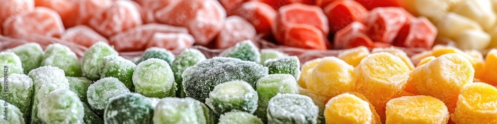 Poster a close-up shot of different candies, suitable for use in advertising or editorial content