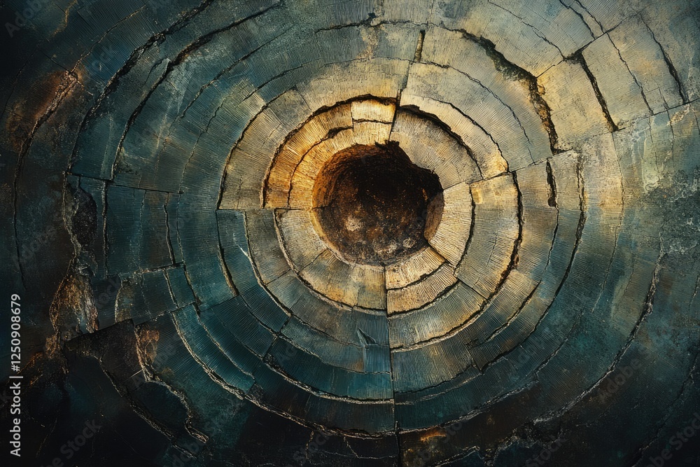 Poster a mesmerizing cross-section of a petrified tree, showcasing concentric rings and rich color variatio