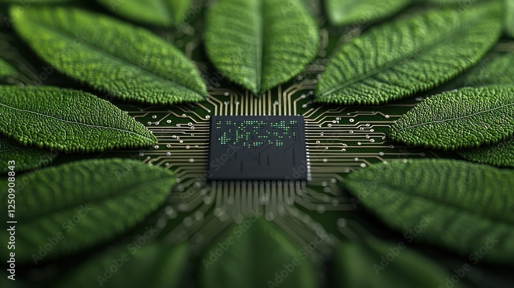 Poster microchip embedded in leaf veins a fusion of technology and natural aesthetics this image showcases 