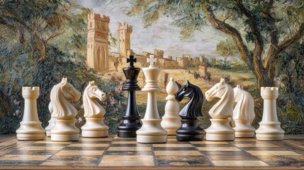 Intricate chess pieces stand poised on a detailed game board, with a scenic backdrop of a historic landscape, inviting deep contemplation and strategic play among lovers of the game