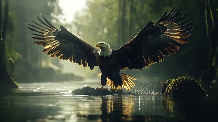 Fototapeta premium Stunning bald eagle gliding effortlessly over rich autumn forest colors