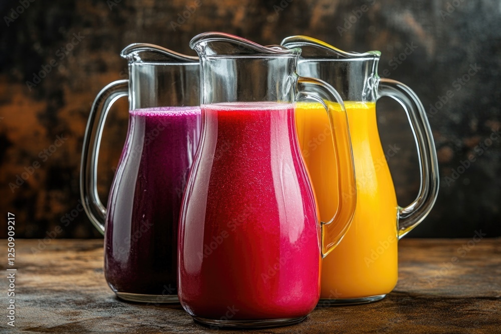 Poster three colorful pitchers filled with juice sitting on a table