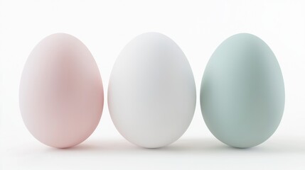 Three eggs in soft pastel shades of pink, white, and green are neatly arranged side by side on a white background, showcasing a minimalist and serene composition