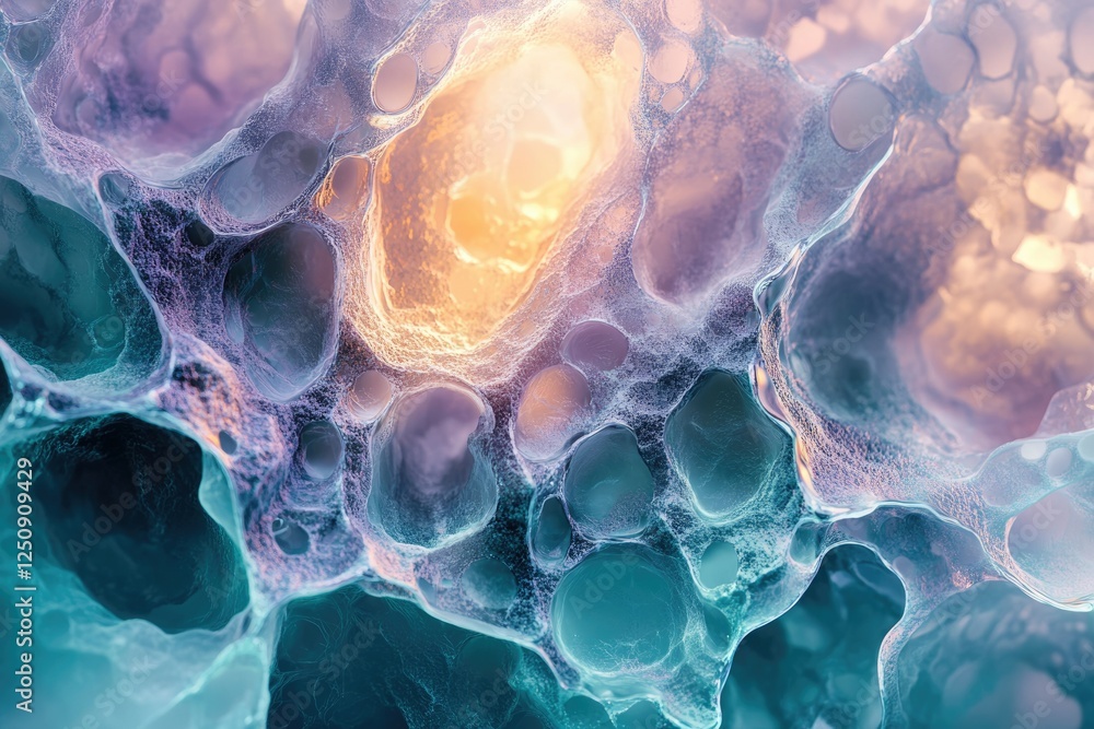 Poster abstract image of a porous, translucent structure with glowing interior, evoking a sense of depth an