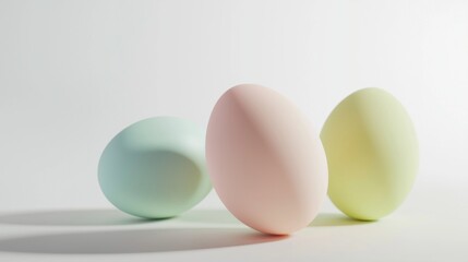 Fototapeta premium Three easter eggs in soft pastel colors - mint green. Peachy pink. And pale yellow - arranged in a row on white surface. Minimalist composition with subtle shadows creates elegant holiday atmosphere