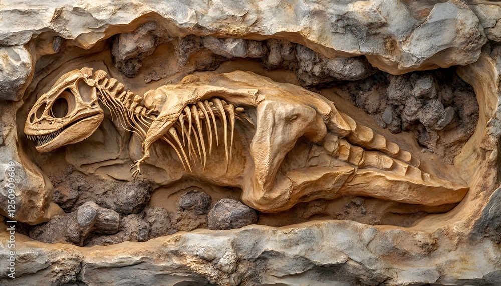 Aufkleber fossilized dinosaur skeleton embedded in stone