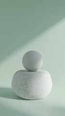 Minimalist sculpture featuring a smooth sphere balancing on a textured stone against a soft green background. The composition highlights simplicity, balance, and natural elegance
