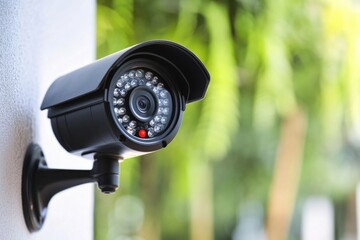 A security camera mounted on the side of a building, useful for architectural or surveillance-themed projects