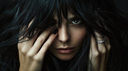 A beautiful woman with long black hair covering her face, two hands on the sides of her head and eyes looking at the camera