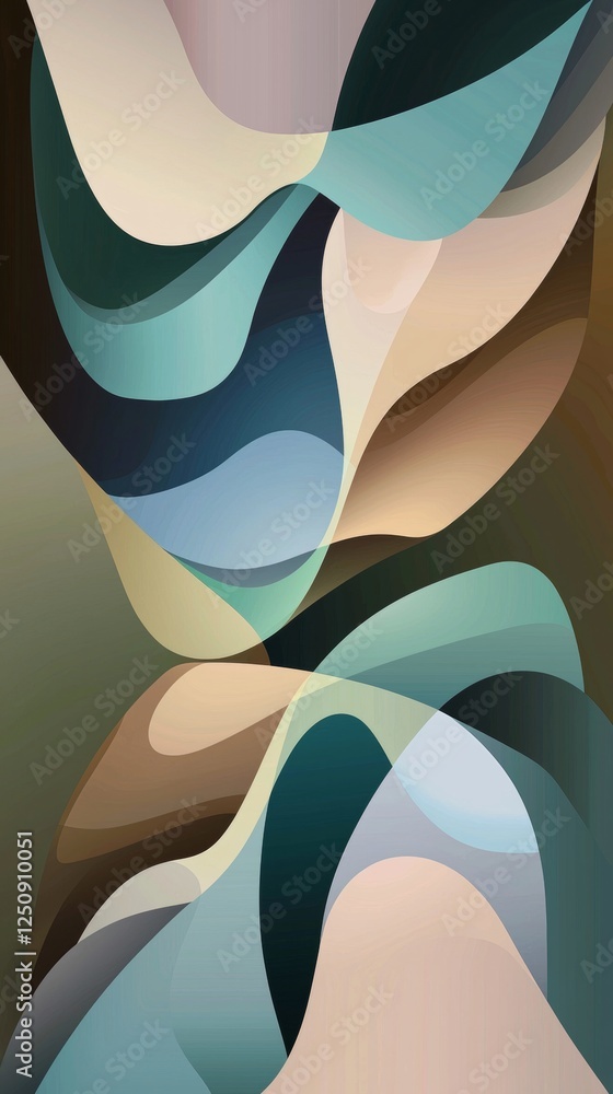 Poster smooth, overlapping shapes in shades of teal, brown, and beige create a dynamic and visually appeali