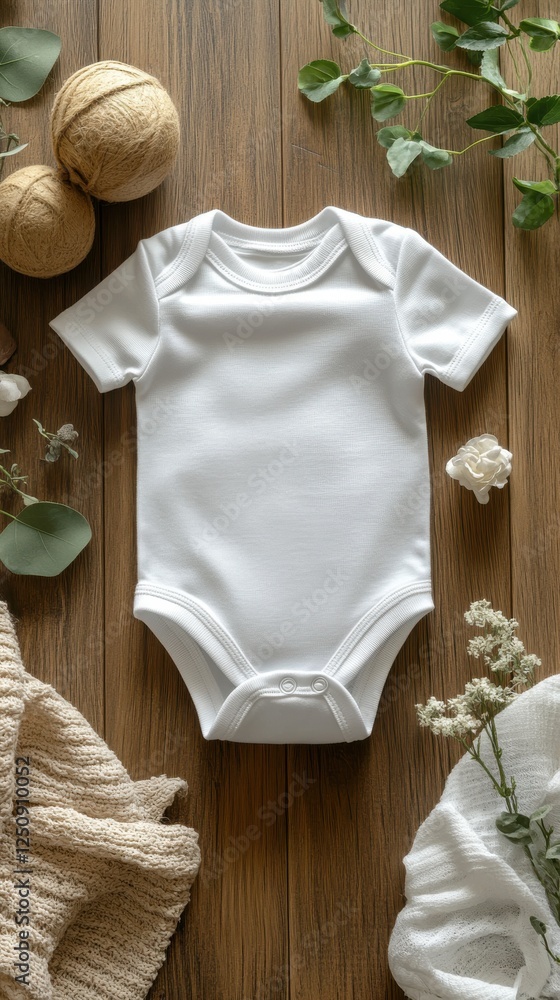 Aufkleber soft white onesie displayed on natural wood grain surface, accentuating texture and simplicity for v
