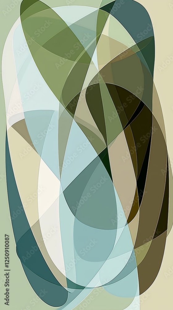 Poster dynamic abstract design featuring overlapping geometric shapes in shades of green, blue, and brown. 