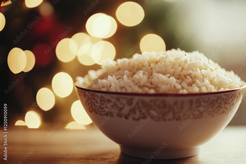 Poster a simple still life image of a bowl of rice placed on a table