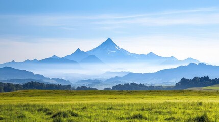 Fototapeta premium Vast Green Meadow with Misty Mountain Range Under Pale Blue Sky