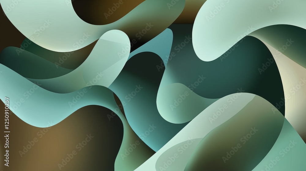 Poster smooth, undulating shapes in a palette of greens and browns intertwine and overlap, forming a visual