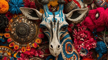 Fototapeta premium Colorful Giraffe Art Surrounded by Vibrant Floral Arrangements