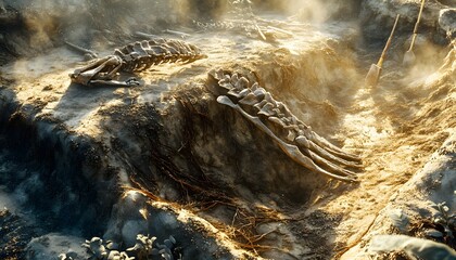 Obraz premium Dinosaur skeletons unearthed during paleontological dig