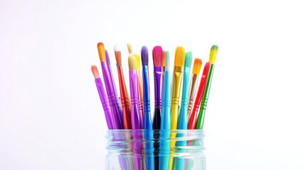 Obraz premium Colorful paintbrushes in glass jar, art supplies, white background, creative hobby