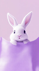 Fototapeta premium Cute playful white rabbit peeking out from a fabric against a pastel lilac background. Generative AI