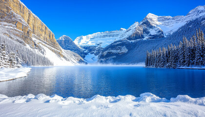 Majestic mountain landscape. Breathtaking mountain peaks tower over serene alpine lake, creating tranquil winter scene