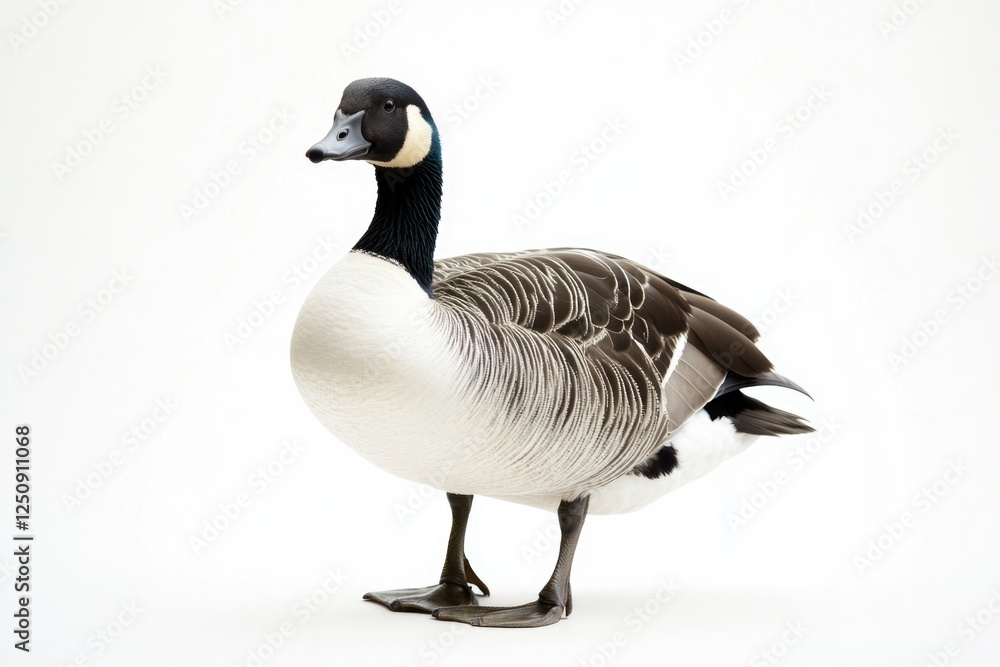 Poster A single duck standing on a white surface with a white background, suitable for use in various designs and compositions