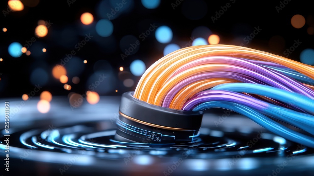 Poster mesmerizing optical fiber sci fi abstract artwork with dynamic colorful swirling illumination futuri