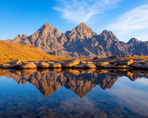 Fototapeta premium Majestic mountain landscape. Breathtaking mountain views with jagged peaks reflected in calm water