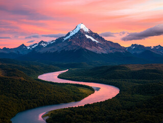 Fototapeta premium Majestic mountain landscape. Majestic mountain peak with snow, winding river, and lush green landscape