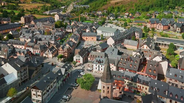 Aerial view of the town of Vieha, Aran, Catalonia, Spain. 