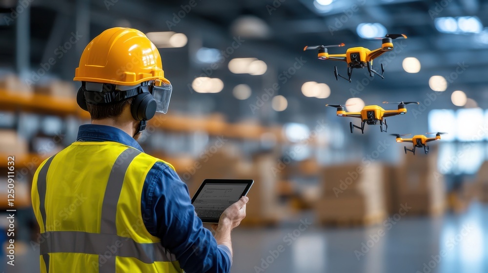 Poster high tech warehouse with worker monitoring aerial drones for efficient logistics and delivery in a m