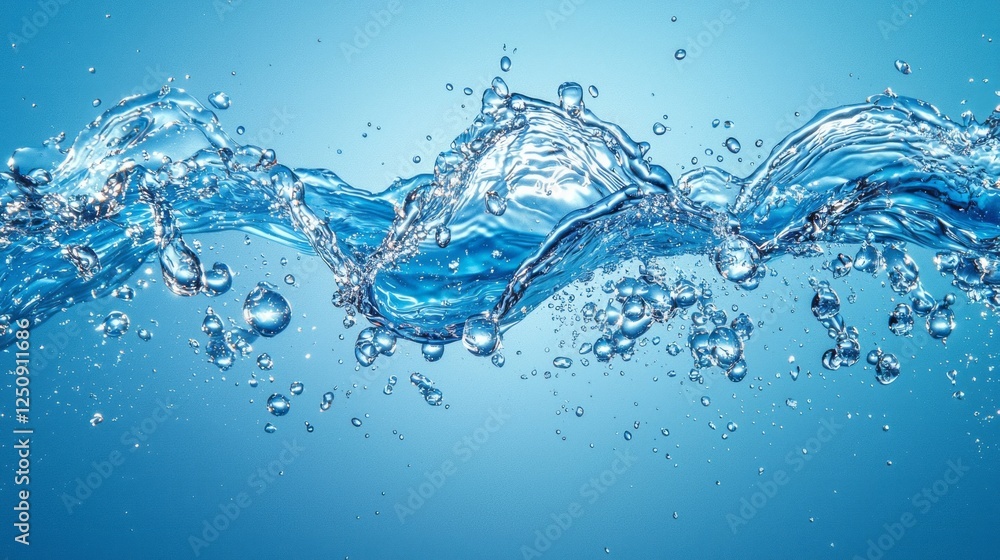 Poster crystal-clear water flows smoothly, creating gentle waves that glisten under sunlight. bubbles rise 