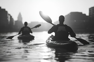 Two kayakers paddle on calm water, silhouetted against a city skyline at sunrise.
