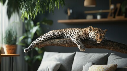 Obraz premium Leopard Relaxing on a Branch in a Modern Living Room