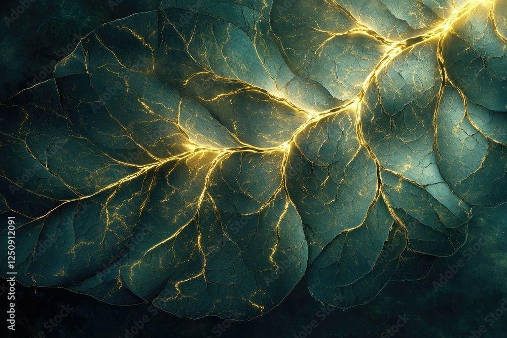 Poster glowing golden veins intricately spread across a dark teal, leaf-like surface, creating a mesmerizin