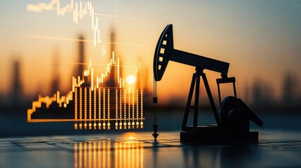 Oil pump or rig silhouette against a colorful sunset sky and financial market chart or graph representing the connection between the energy industry and financial markets investment
