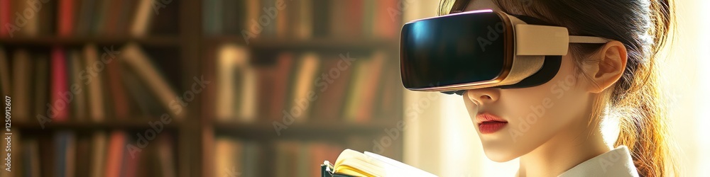 Poster a person enjoying a book while immersed in a virtual world, perfect for technology and innovation il