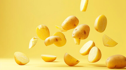 Sliced potatoes float against a vibrant yellow backdrop, capturing the essence of culinary creativity