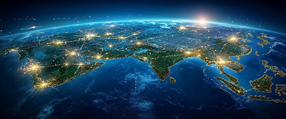 Earth at night, showing Eurasia's city lights.