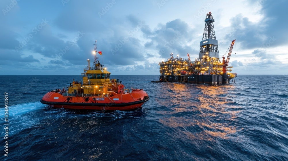 Aufkleber offshore oil and gas extraction platform operating in the open sea with a support tugboat navigating