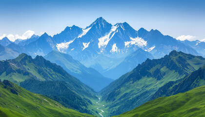 Obraz premium Majestic mountain landscape. Breathtaking mountain vista with jagged peaks and lush green valleys