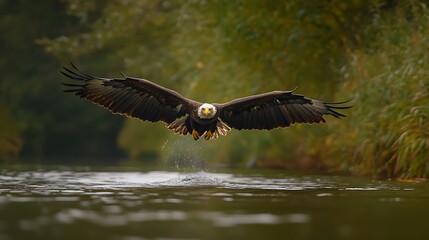 Magnificent bald eagle soaring above fiery autumn treetop scenery