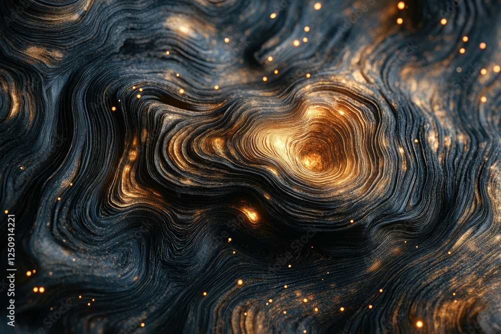 Poster abstract swirling dark and gold texture with glowing particles, creating a mesmerizing cosmic or geo