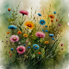 Watercolour painting of an abstract colourful flowers and grass. Tranquil gardenscape. Delicate background. Celebrating of spring. Floral template. Bright drawing poster. Modern field meadow wallpaper